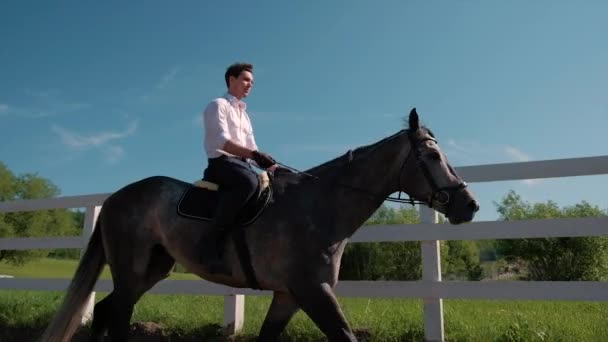 Молодой человек ездит на лошадиной ферме животное с голубым небом на заднем плане. Медленное движение — стоковое видео