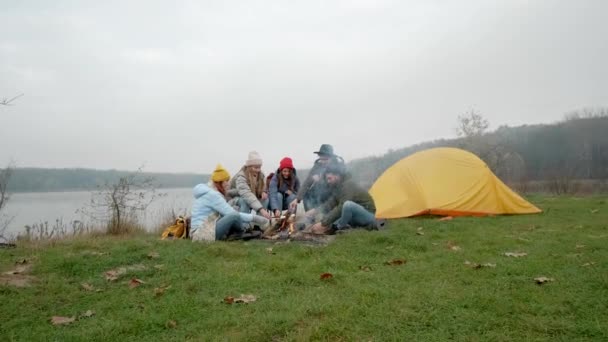 Group of happy friends around burning camping bonfire in woods roasting marshmallows talking and smiling. Hikers sitting around camp fire. Outdoor picnic in forest. — Stock Video