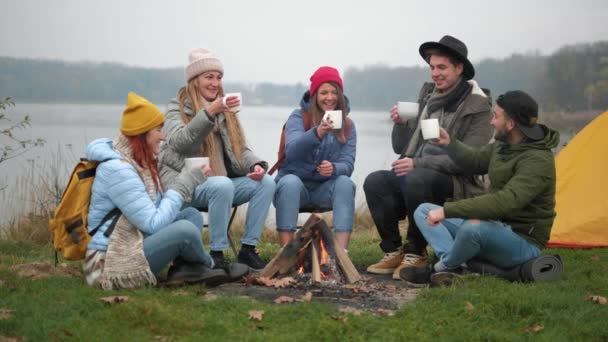 Jóvenes alegres amigos están tintineando con bebidas sentados alrededor del fuego en el bosque con malvavisco caliente — Vídeo de stock