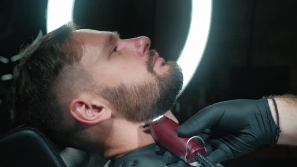 Barber shaves the clients beard on a chair. Beard haircut. Barber to shave a beard with an electric razor. Grooming of real man — ストック動画