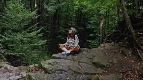 Femme tiouriste sur l'excursion de montagne haut sur la falaise regardant les forêts magnifiques lointaines de paysage. méditation en forêt. Aérien — Video