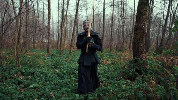 Hombre concentrado con una espada japonesa, una katana practicando Iaido en un bosque de pinos. Ángulo ancho. Vista trasera . — Vídeo de stock