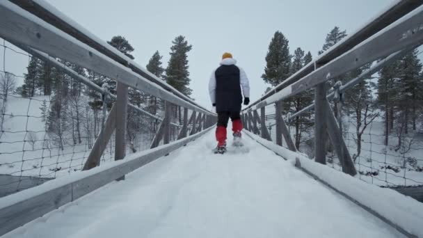 Jovem Caminhante Caminhando Pendurado Ponte Parque Nacional No Inverno — Vídeo de Stock