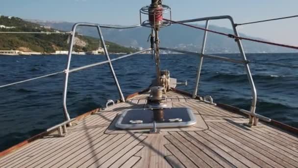 Nose wooden yachts, yachts detail, moves on the river — Stock Video