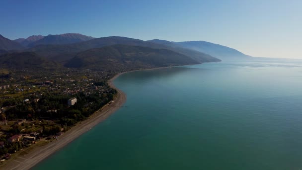 Aerial of small village resort on the southern coast. Black sea summer — Stock Video
