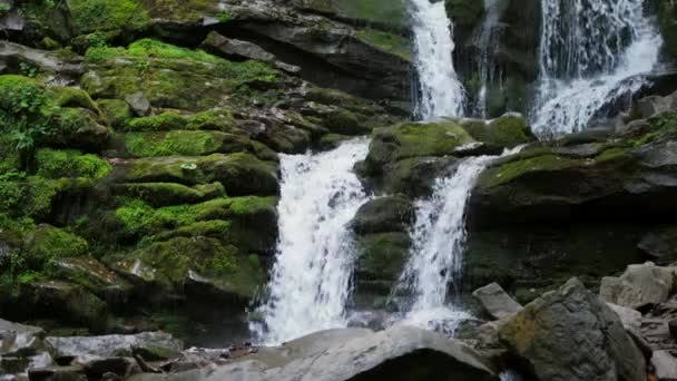 Wild Mountain River Close-up Overvloedige Clear Stream. Detail Static Shot van Babbling Creek met Stenen Boulders Flowing. Rots Rapid in snel stromend water. — Stockvideo