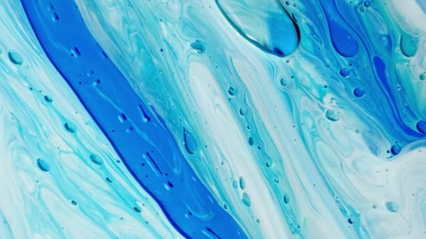 Pintura acrílica de colores azul y blanco. Fantástica superficie con líquido de movimiento caótico. Vista superior. Estructura macro de pintura de burbujas multicolores y aceite . — Vídeos de Stock