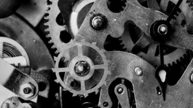 İzleme mekanizması makro döngü. Eski vintage saat mekanizması çalışma, closeup ile yumuşak odak vurdu. Bir iç saati mekanizması kapatın. Vintage seyretmek vites hareketi makro.