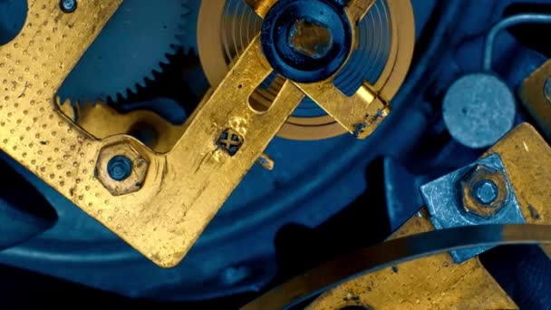 Flat Lay composition, vintage watch mechanism bright blue and yellow color — Stock Video