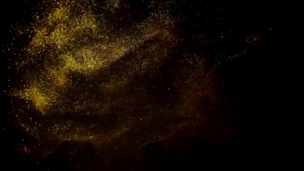 Goldene Tinte im Wasserschießen mit Kamera. Goldene Farbtropfen fielen, reagierten und erzeugten eine Metamorphose abstrakter Wolkenformationen auf Schwarz. Hintergrund der Kunst. — Stockvideo
