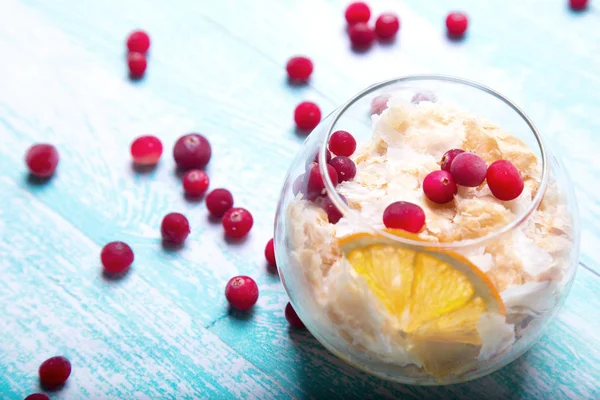 Gentle dessert with a pear and a cranberry in a glass. Soft and air cream. Dessert napoleon — Stock Photo, Image