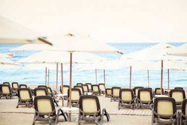 Plajda şemsiye ile tahta yataklar 