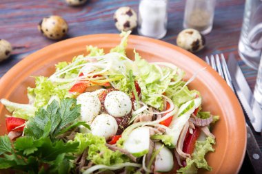 Bıldırcın yumurtası ile lezzetli et salatası 