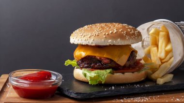Patates kızartması ve ketçaplı ev yapımı sığır burger. Fast food.