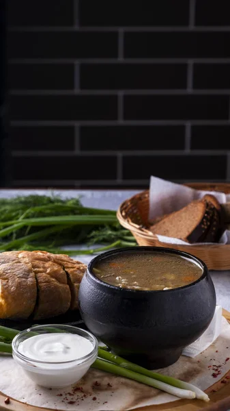 Mushroom  soup in a pot with copy space — 스톡 사진