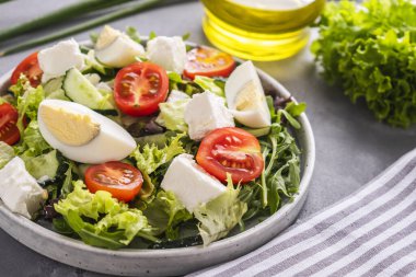 Yumurtalı diyet salatası, domates, peynir ve karışık sebze. Boşluğu kopyala