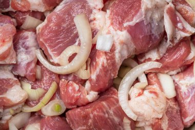 Soğan, otlar ve baharatlarla ızgara için marine edilmiş domuz eti. Shashlik arkaplanı.