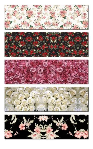 Set von fünf einfachen floralen Hintergrund auf weißem Hintergrund. nahtlose Nachtigall und Rosen. Blumenmuster Hintergrund. Vektor-Illustration, Folge 10. — Stockvektor