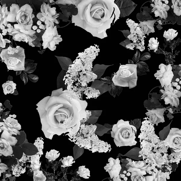 Nahtloses monochromes Blumenmuster mit Rosen auf schwarzem Hintergrund, Aquarell. schwarz-weißer Hintergrund. Floraler Vintage Hintergrund und Muster. Vektorillustration. Folge 10. — Stockvektor