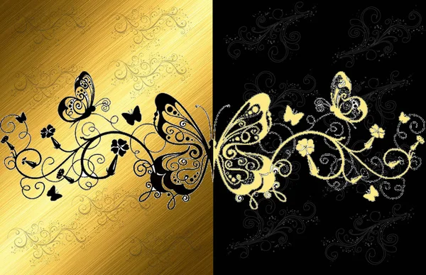 Patrón vintage con encaje de fantasía mariposa oro-negro (vector EPS 10 ) — Vector de stock