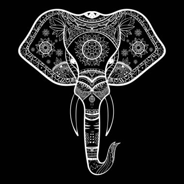 Vektör siyah ve beyaz kına fil kafa çizim