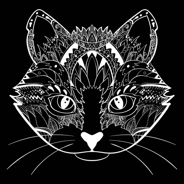 Dibujado a mano adornado garabato gráfico cara de gato blanco y negro. Ilustración vectorial para el diseño de camisetas, tatuajes y otras cosas — Archivo Imágenes Vectoriales