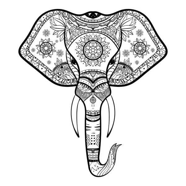 Vektorové černá a bílá Henna sloní hlava ilustrace — Stockový vektor