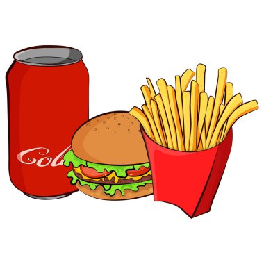 Fast food renkli simgeler koleksiyonu. Vektör karikatür düz stil illüstrasyon izole beyaz.