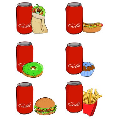 Fast food renkli simgeler koleksiyonu. Vektör karikatür düz stil illüstrasyon izole beyaz.