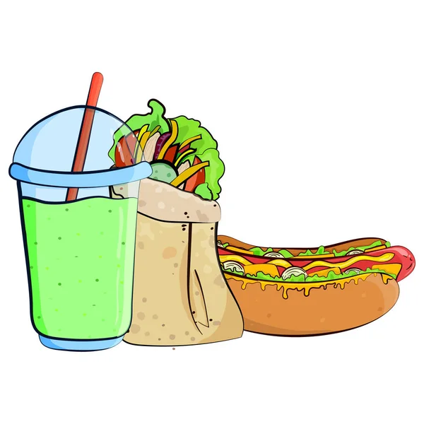 Fastfood kleurrijke pictogrammen collectie. Cartoon vlakke stijl vectorillustratie geïsoleerd op wit. — Stockvector