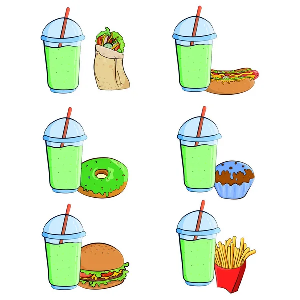 Fast Food bunte Symbole Sammlung. Vektor Cartoon flachen Stil Illustration isoliert auf weiß. — Stockvektor