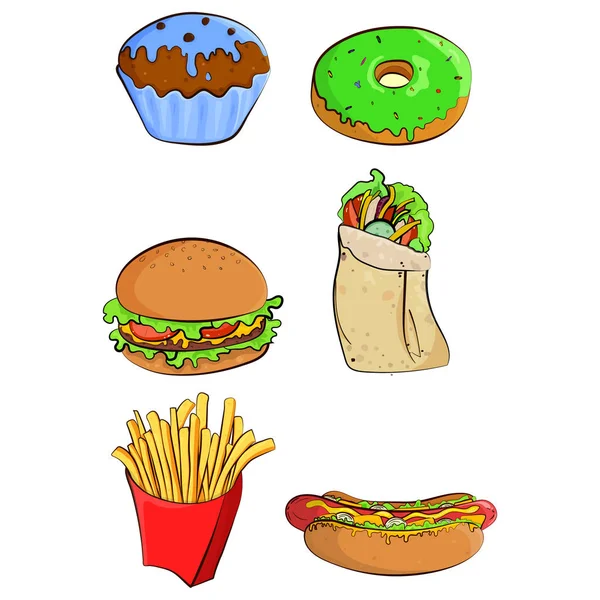 Fast Food bunte Symbole Sammlung. Vektor Cartoon flachen Stil Illustration isoliert auf weiß. — Stockvektor