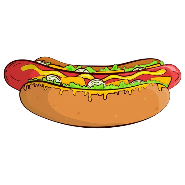 Een hotdog. Vector geïsoleerde platte illustratie fast food voor poster, menu 's, brochure, web en pictogram fastfood. — Stockvector