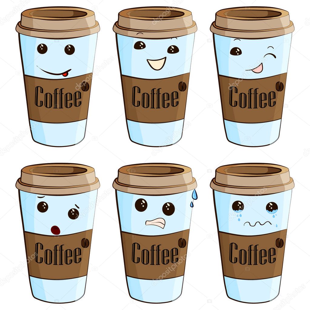 Cartoon coffee cup. Take away coffee. Happy cup of coffee. Vector flat cartoon illustration