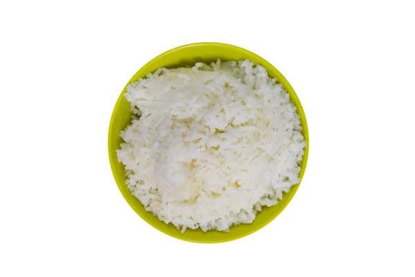 Arroz de jazmín en tazón aislado, arroz cocido sobre fondo blanco —  Fotos de Stock