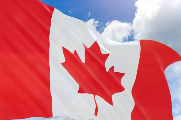 Representación 3D de la bandera de Canadá ondeando sobre el fondo azul del cielo — Foto de Stock