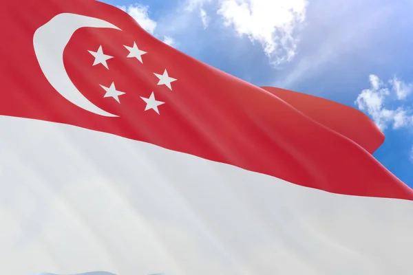 Rendering 3D della bandiera di Singapore sventola su sfondo cielo blu — Foto Stock