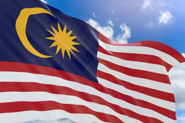 Rendering 3D della bandiera della Malesia sventola su sfondo cielo blu — Foto Stock