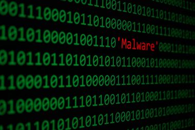 Kırmızı kötü amaçlı yazılım ve ikili kod kavramı güvenlik ve Malware saldırı.