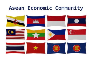Asean ülke bayrakları ve Aec bayrak izole 3D render