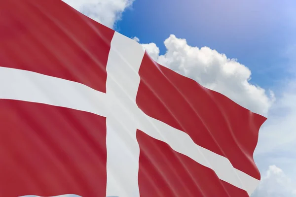 3D Render mavi gökyüzü arka plan üzerinde sallayarak Danimarka bayrağı — Stok fotoğraf