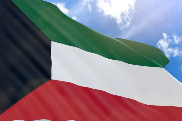 3D rendering of Kuwait flag waving on blue sky background