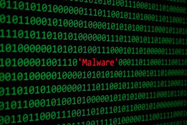 Kırmızı kötü amaçlı yazılım ve ikili kod kavramı güvenlik ve Malware saldırı.