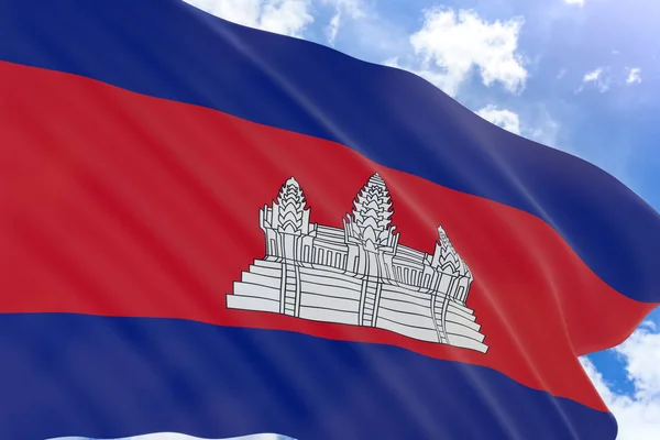 Rendering 3D della bandiera cambogiana sventola su sfondo cielo blu — Foto Stock