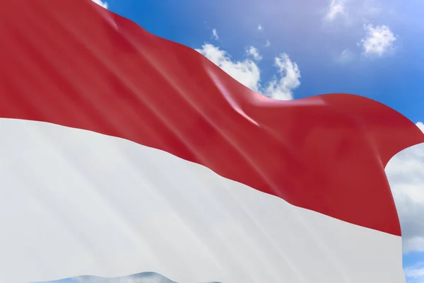 Rendering 3D della bandiera indonesiana sventola su sfondo cielo blu — Foto Stock