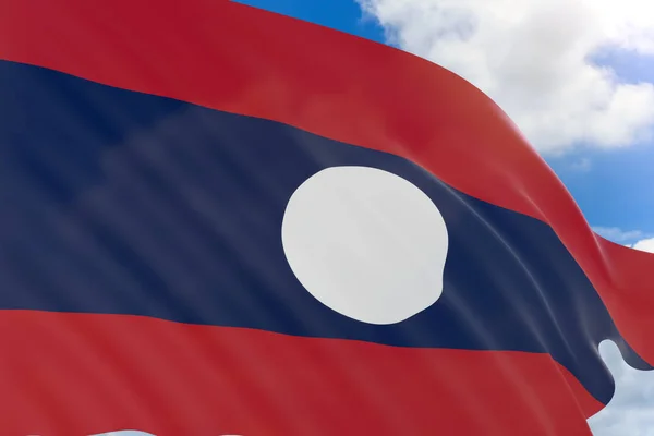 Rendering 3D della bandiera del Laos sventola su sfondo cielo blu — Foto Stock