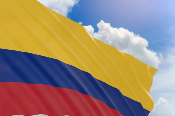 Representación 3D de la bandera de Colombia ondeando sobre el fondo azul del cielo — Foto de Stock