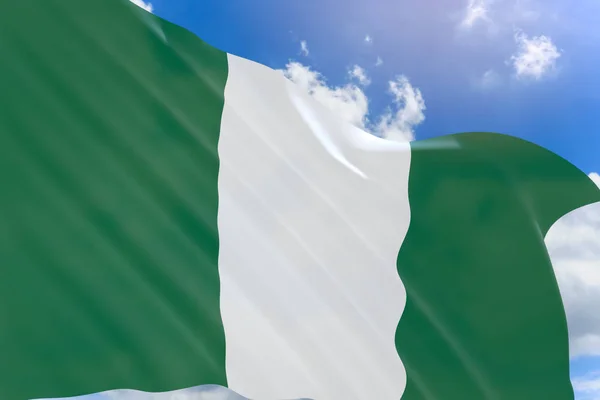 Rendu 3D du drapeau nigérian agitant sur fond bleu ciel — Photo