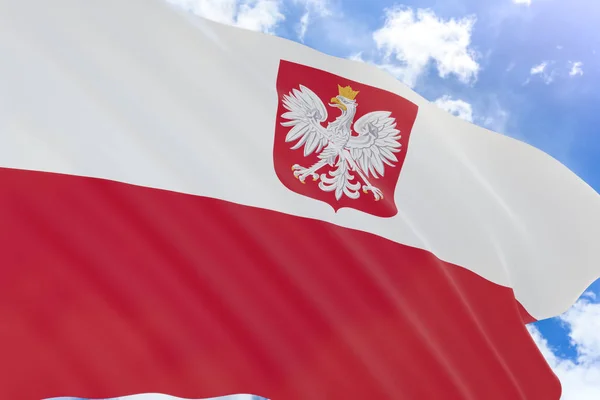 Renderowania 3D z Polska flaga macha na tle niebieskiego nieba — Zdjęcie stockowe