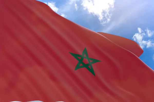 3D visszaadás-ból marokkói zászló integet a kék ég háttér — Stock Fotó